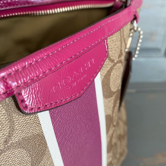 Coach Signature stripe tote bag, khaki/magenta - Picture 2 of 8